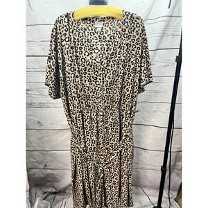 Ava & Viv Womens 4X Leopard Print Button Front Midi Dress Short Sleeve Tan Black